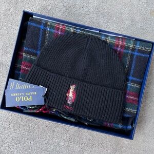 Polo Ralph Lauren black tartan plaid beanie hat and scarf set NWT polo bear